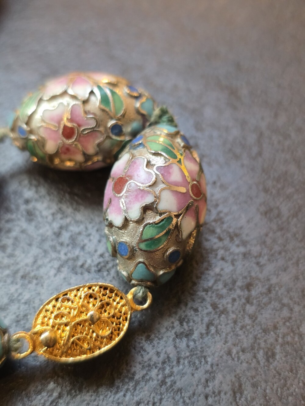 Vintage Chinese Cloissone Oval Beaded Floral Choker Necklace Stamped - Picture 11 of 12